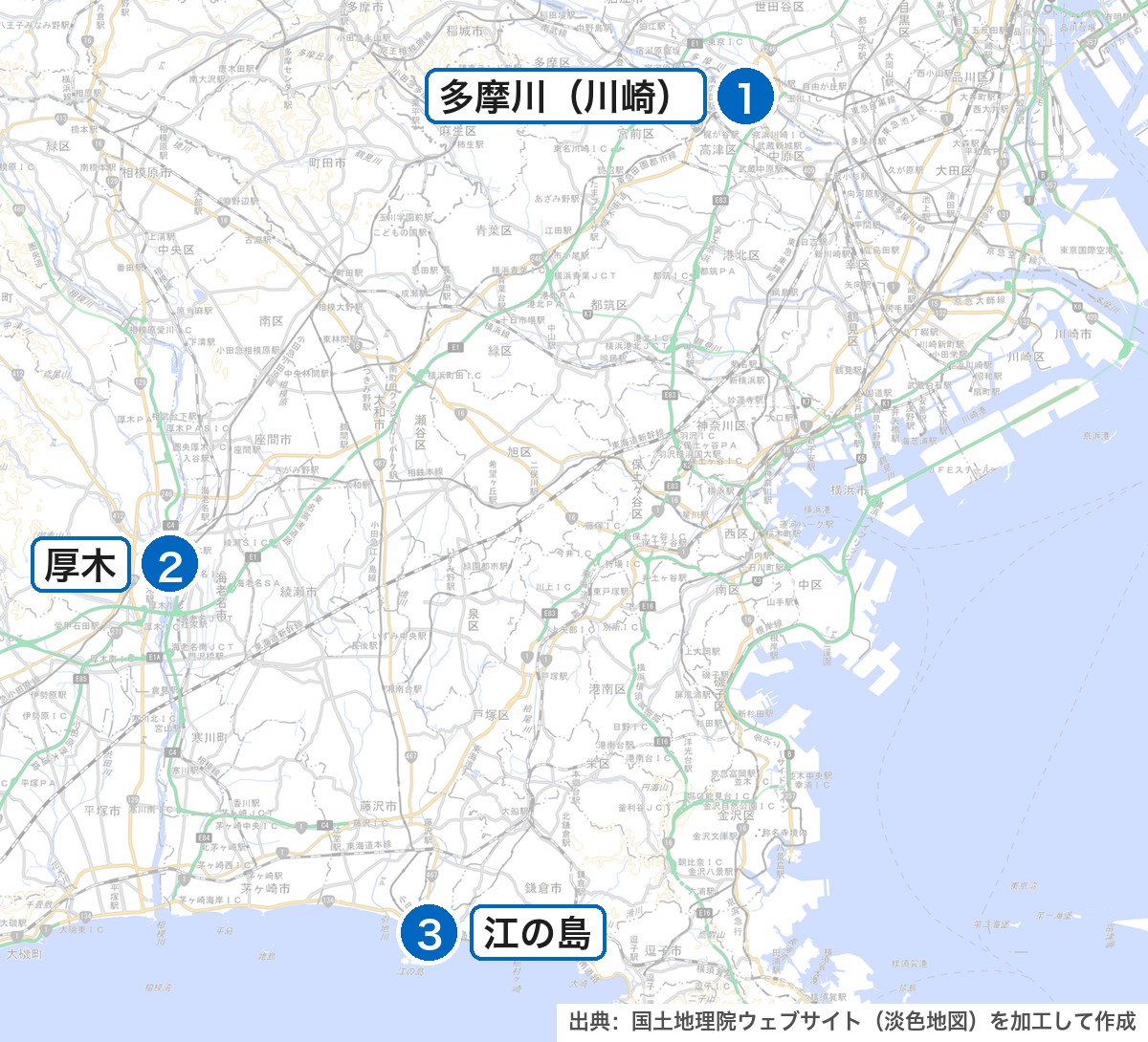 神奈川県の主な花火大会の位置を示した地図